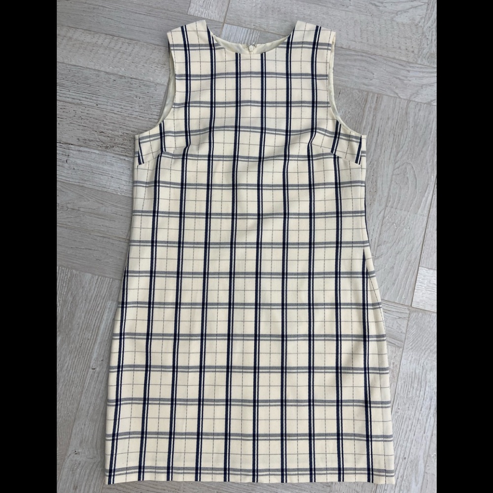 THEORY SLEEVELESS BLUE AND IVORY PLAID DRESS, SIZE 6
